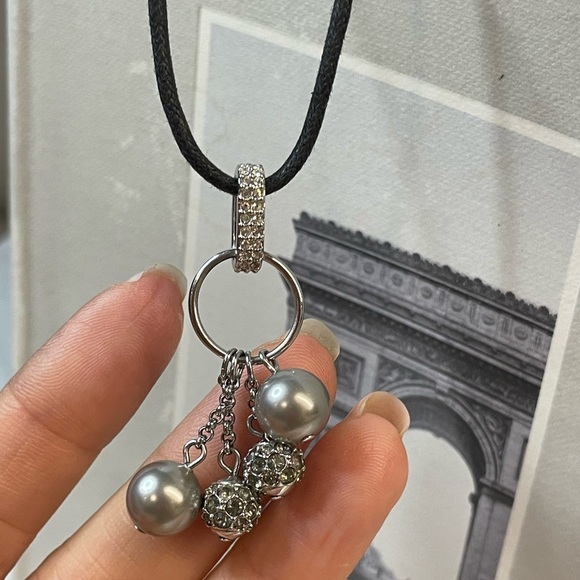 Authentic Swarovski Pearl Crystal Necklace with Leather Cord - Picture 2 of 5